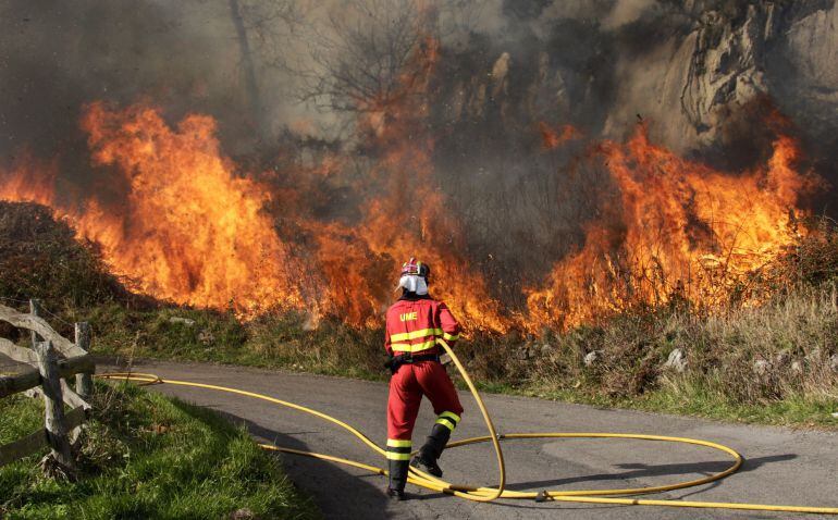 Bomberos del Servicio de Emergencias del Principado de Asturias (SEPA) trabajan en las labores de extinción uno de las decenas de incendios que están afectando a la cornisa cantábrica durante la última semana del año 2015.