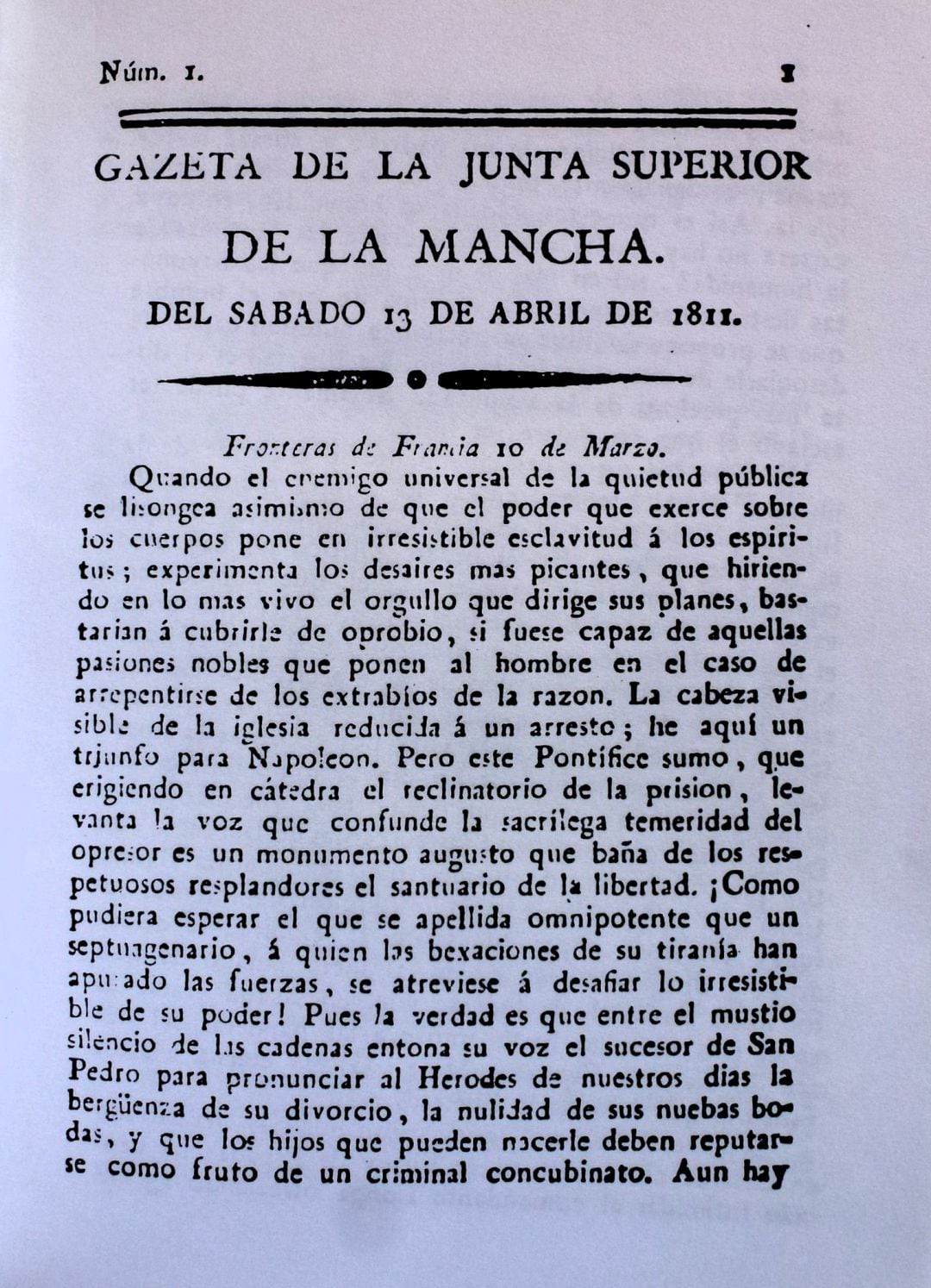 Portada de la &#039;Gazeta de la Junta Superior de la Mancha&#039; el 13 de abril de 1811&#039;