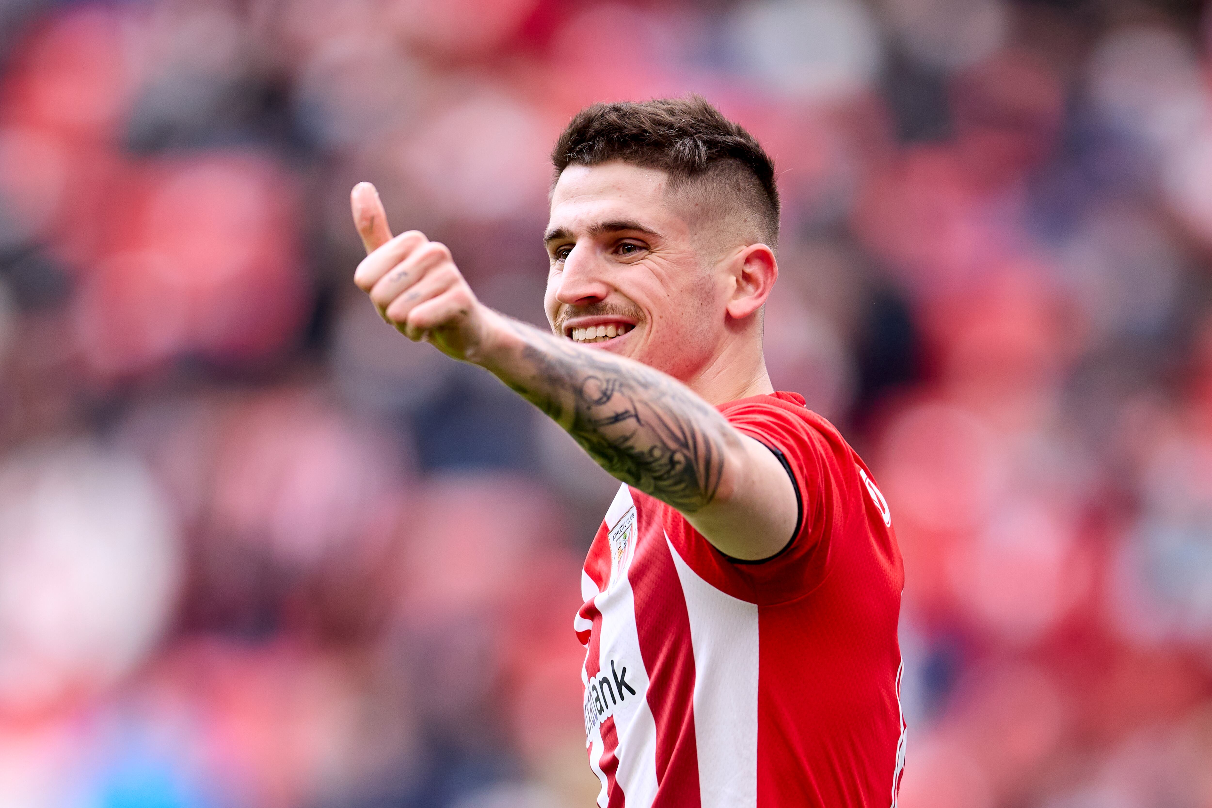 BILBAO, SPAIN - APRIL 03: Oihan Sancet of Athletic Club react during the La Liga Santander match between Athletic Club and Elche CF at San Mames Stadium on April 03, 2022 in Bilbao, Spain. (Photo by Ion Alcoba/Quality Sport Images/Getty Images)