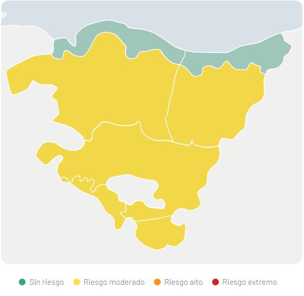 Mapa de Euskalmet en el que figura, en amarillo, la zona de Euskadi bajo el aviso por heladas, toda la parte interior del territorio. Fuente: Euskalmet.