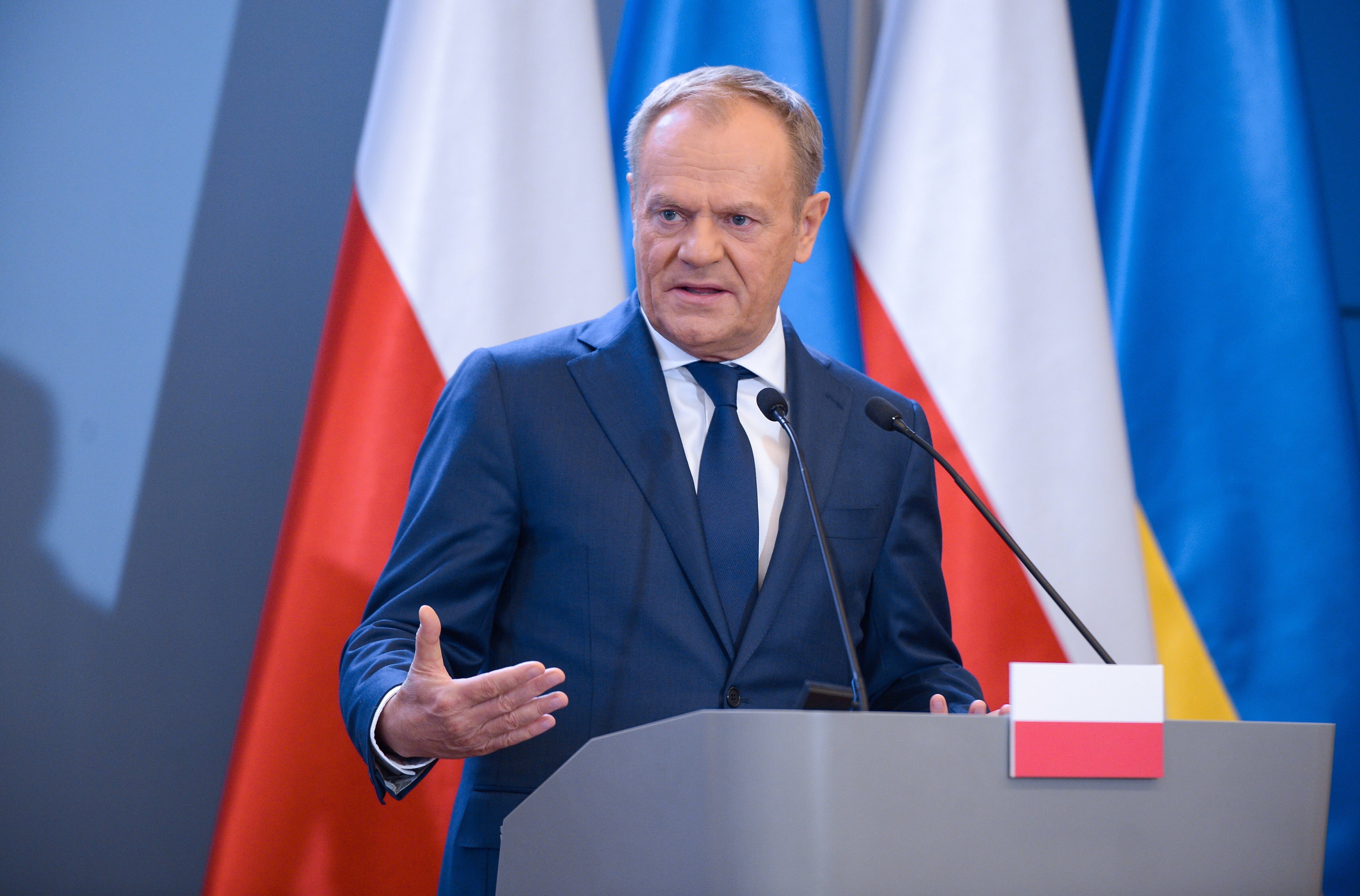 El primer ministro de Polonia, Donald Tusk, en una rueda de prensa posterior a su encuentro con el primer ministro ucraniano Denís Shmihal el pasado 28 de marzo en Varsovia (Polonia).