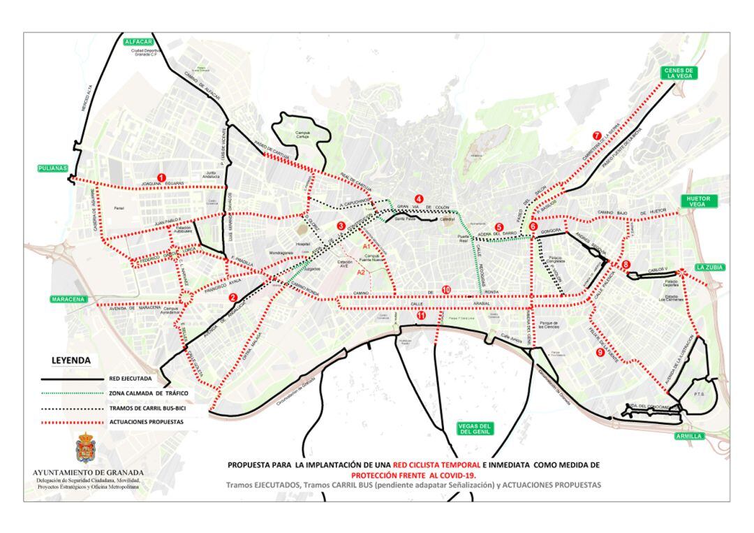 Mapa de los nuevos 'carriles amarillos' reservados para transporte público, bicis y patinetes eléctricos en Granada