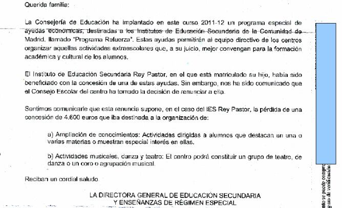 Una de las cartas que ha enviado la Consejería de Educación