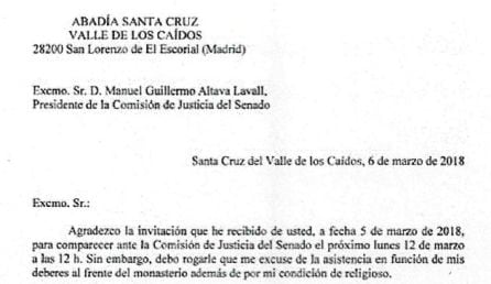 Carta remitida por el prior del Valle de Los Caídos al Senado.