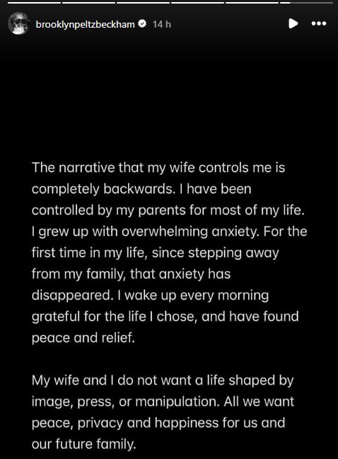 Brooklyn Beckham insiste en que ha estado controlado por sus padres "casi toda mi vida".