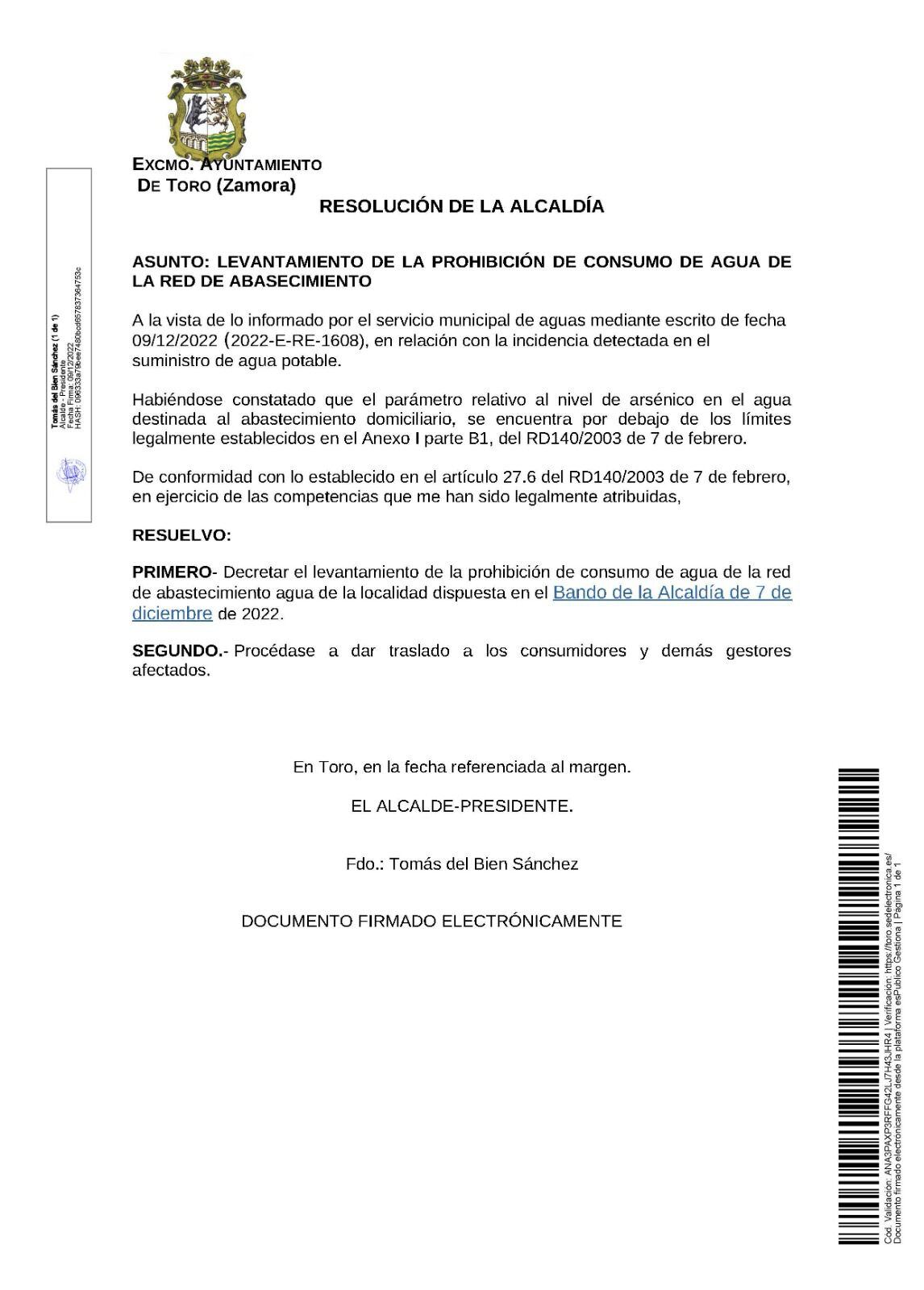 Texto de la resolución emitida este viernes por el Ayuntamiento de Toro