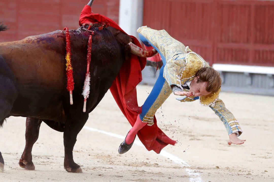 El diestro Román Collado cogido por el primero de su lote durante su faena con la muleta en la corrida celebrada esta tarde en la plaza de toros de Las Ventas, compartiendo cartel con Pepe Moral y Curro Díaz, lidiando reses de Baltasar Ibán