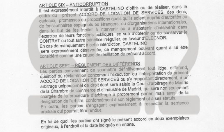 Un fragmento del contrato en francés entre Castelino y Elecnor. 