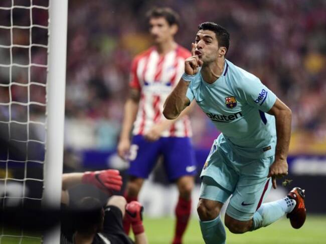 Luis Suárez celebra su tanto en el Wanda Metropolitano.