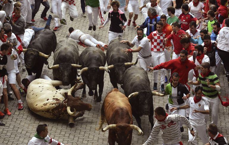 Los toros de la ganadería de Miura han cerrado hoy los encierros de San Fermín de 2016 con una carrera rápida y muy limpia hasta llegar a la plaza, a cuya entrada la caída de dos astados ocasionó peligro al inicio de la arena del coso.