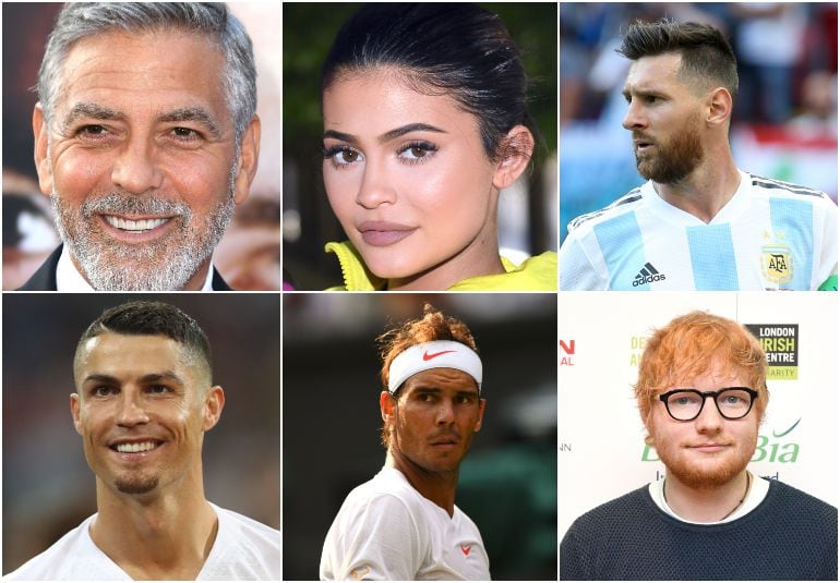 De arriba a abajo y de izquierda a derecha: George Clooney, Kylie Jenner, Leo Messi, Cristiano Ronaldo, Rafa Nadal y Ed Sheetan.