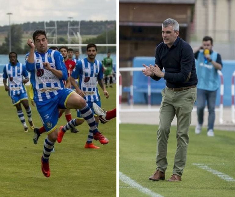 El delantero talaverano, Adeva (i) y el técnico burgalés, De los Mozos, en el partido ante los almerienses en El Montecillo.