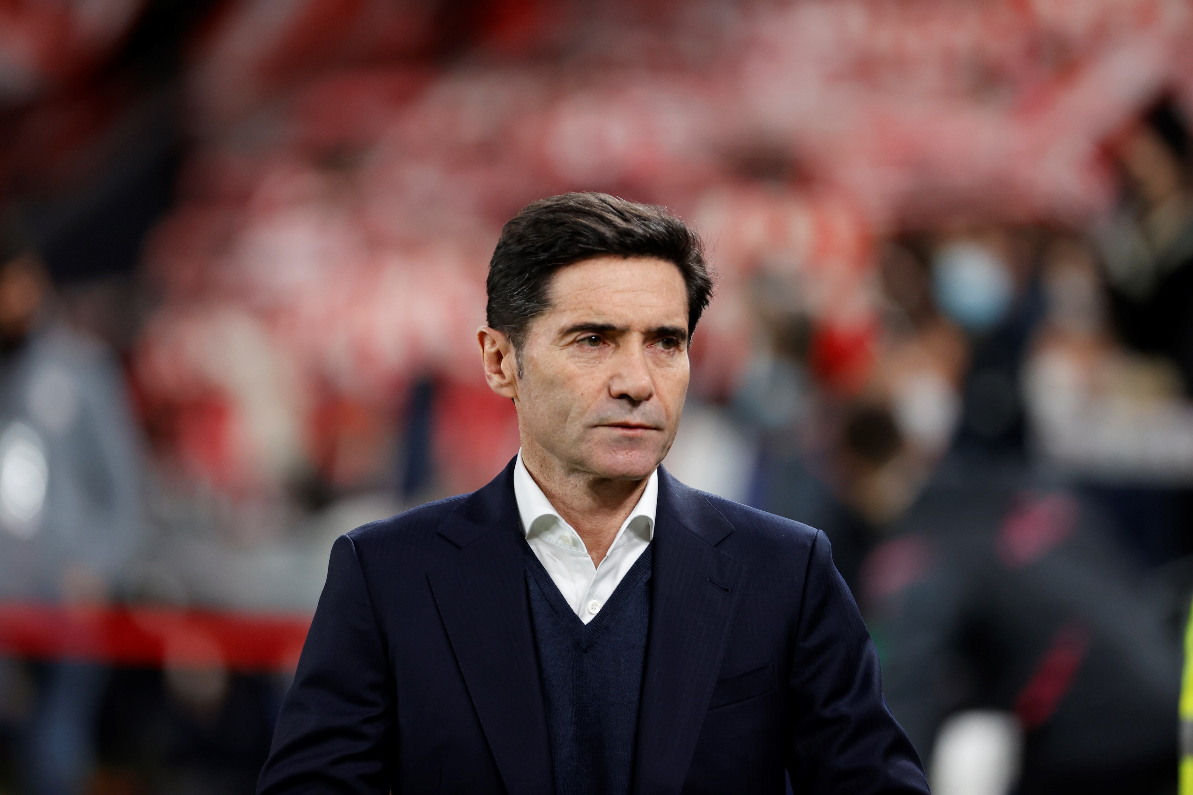 El entrenador del Athletic, Marcelino García, antes del partido de Liga en Primera División ante el Espanyol que disputaron en San Mamés, en Bilbao