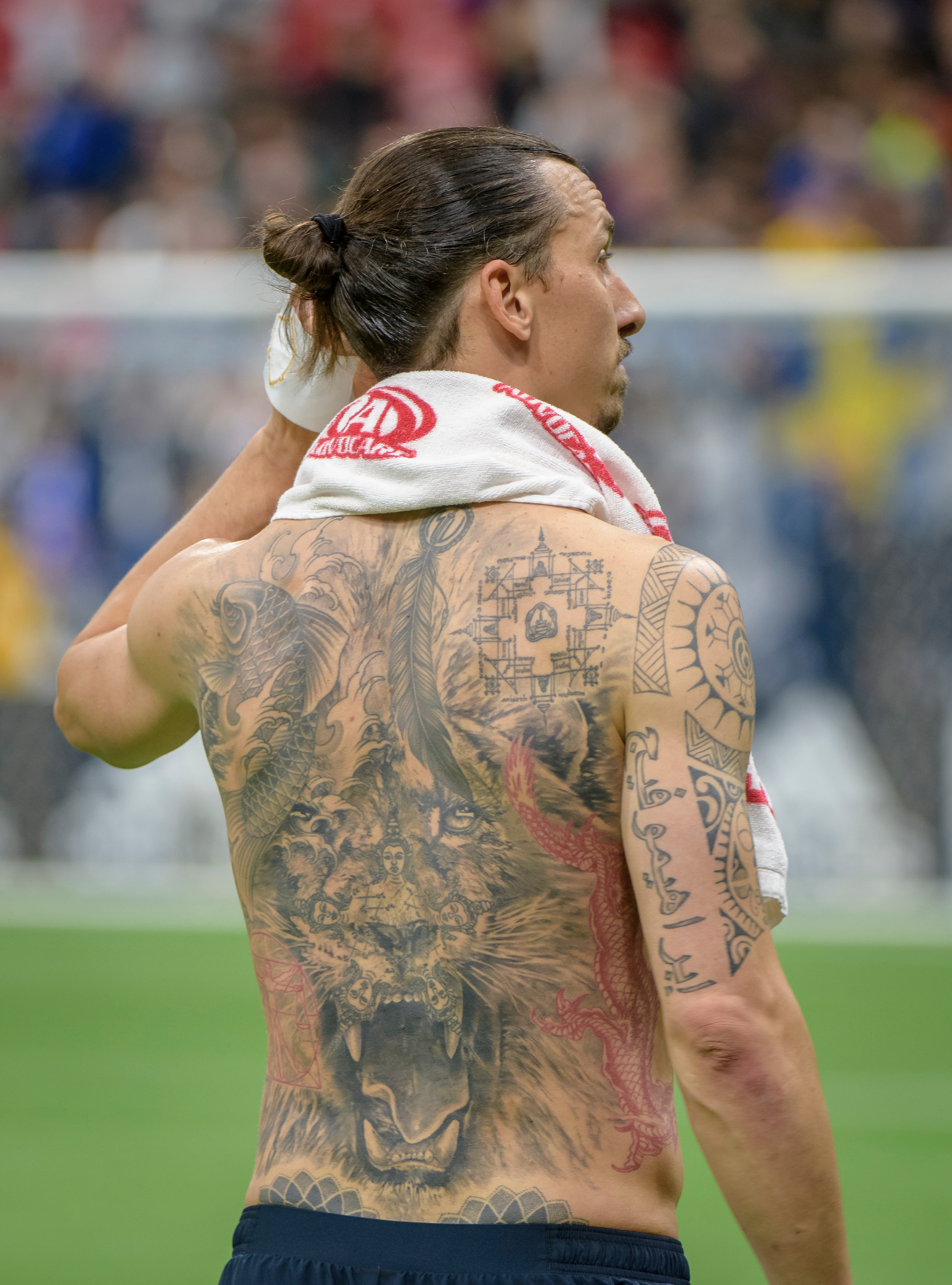 VANCOUVER, BC - APRIL 05: Zlatan Ibrahimovic (9) of the Los Angeles Galaxy shows his tattoos after the game against the the Vancouver Whitecaps at BC Place on April 5, 2019 in Vancouver, Canada. (Photo by Christopher Morris - Corbis/Getty Images)