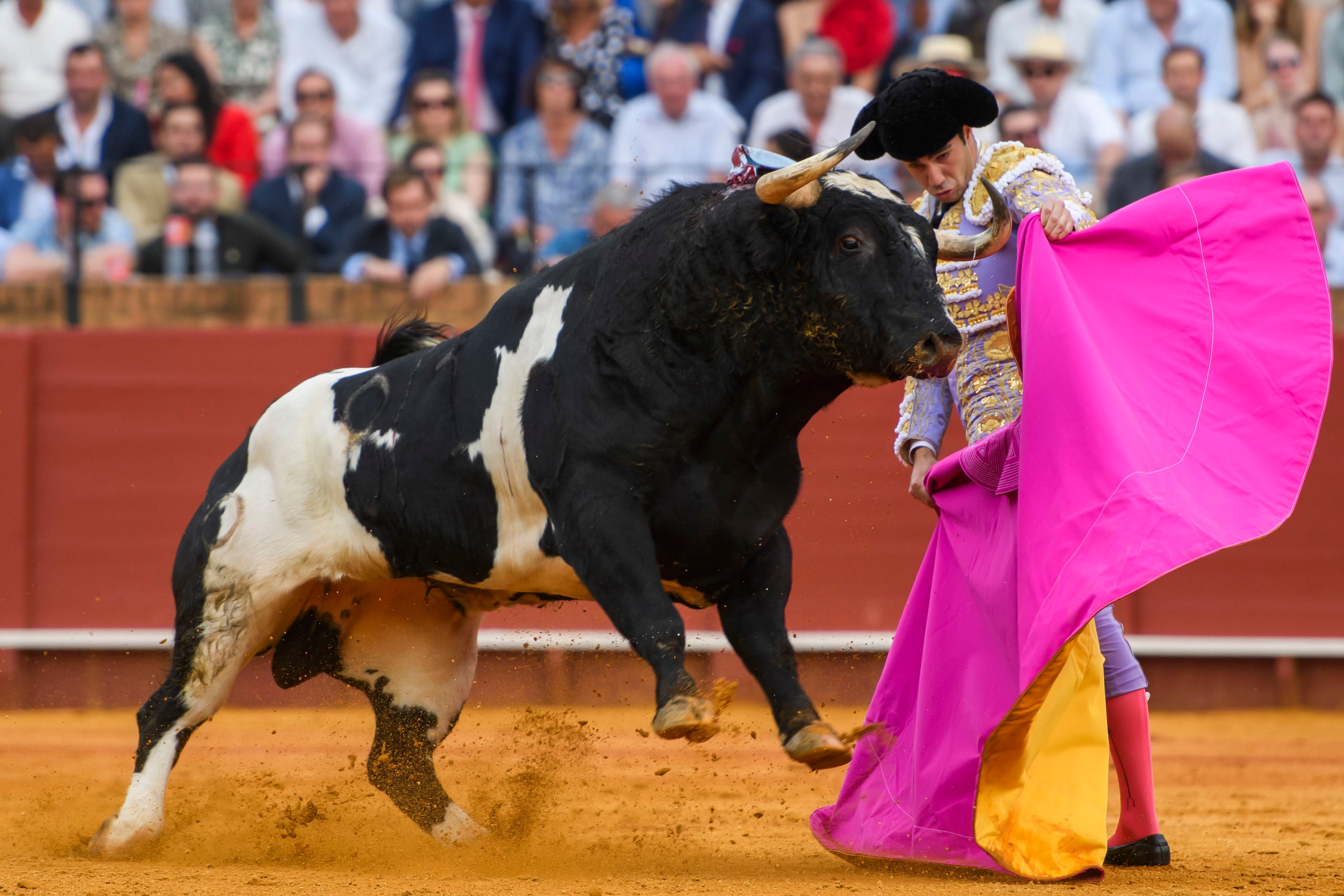 SEVILLA, 19/04/2024.- El diestro Tomás Rufo con su primer toro de la tarde en el festejo de la Feria de Abril que se celebra este viernes en la Real Maestranza de Sevilla. EFE/ Raúl Caro.
