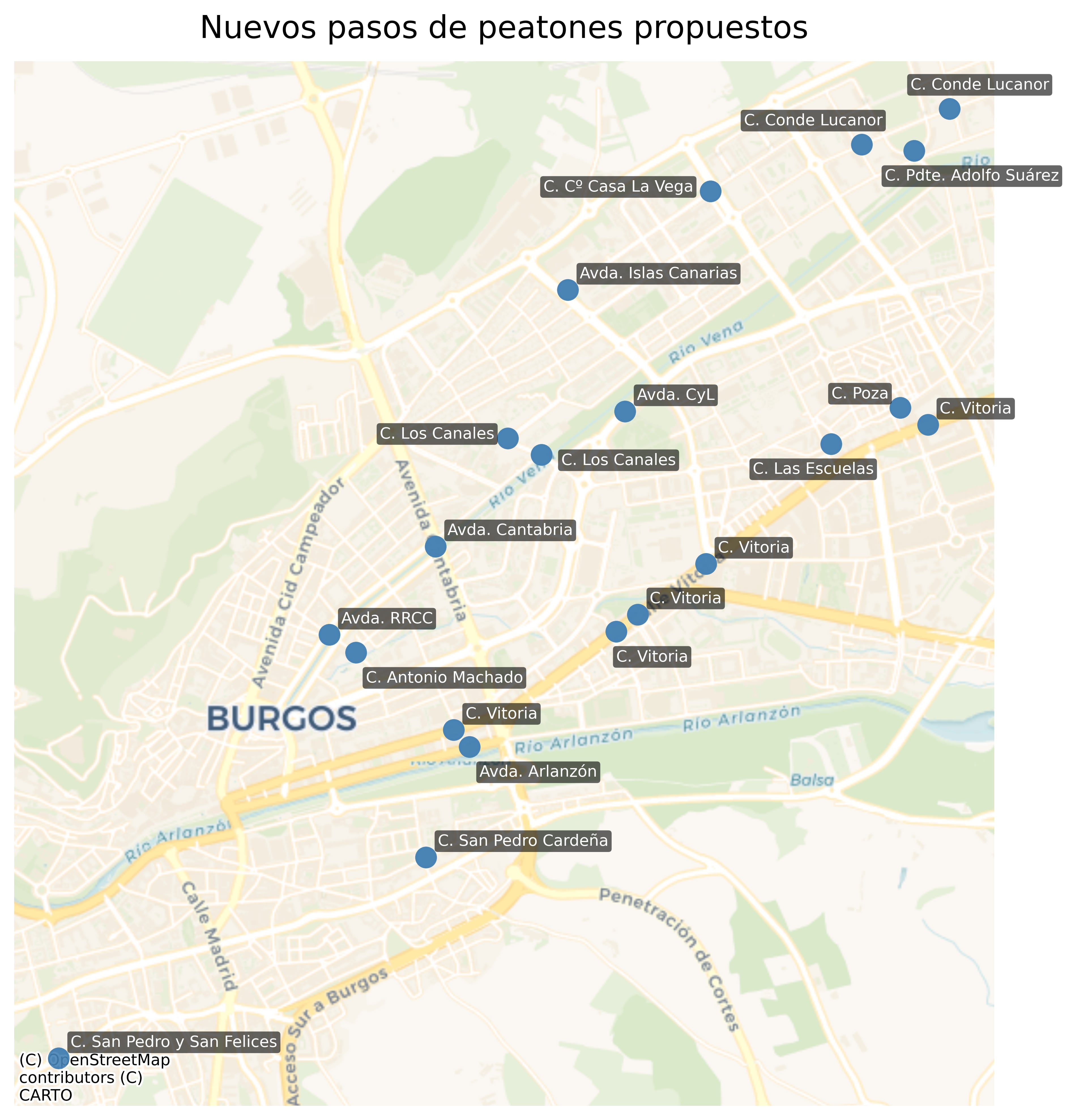 Mapa de pasos de peatones sugeridos por Andando Burgos