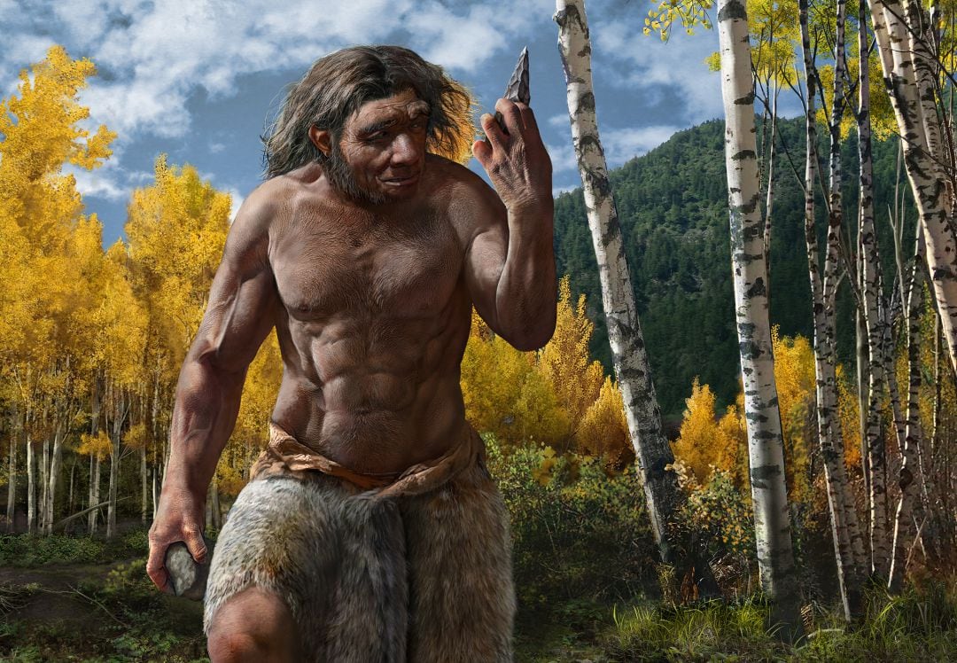 Esta imagen muestra una reconstrucción artística del Hombre Dragón en su hábitat natural.