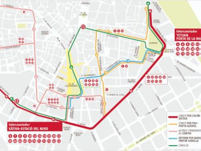 Mapa de las nuevas líneas de la EMT de València a partir del 23 de marzo.