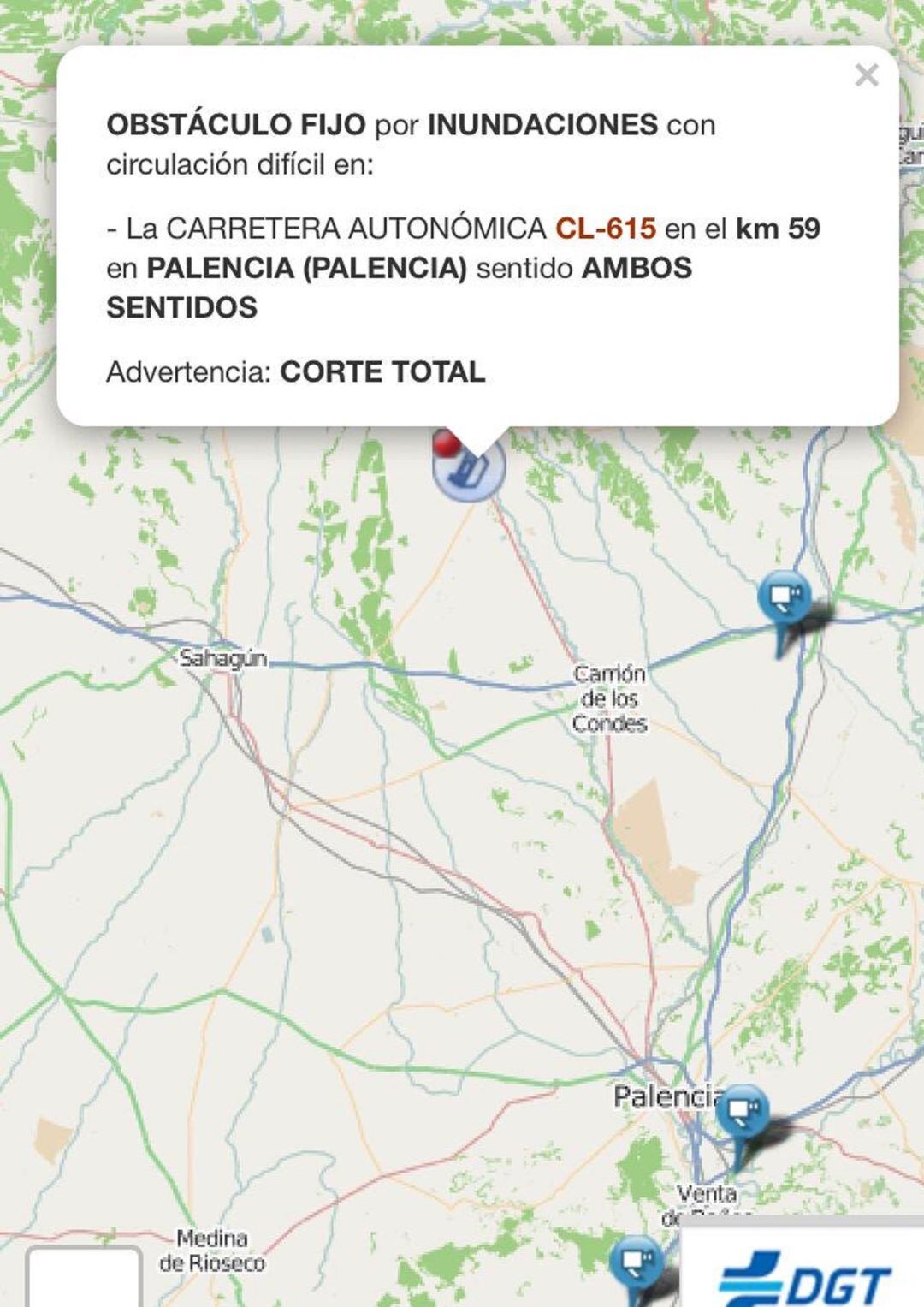 Punto afectado por inundaciones en la CL-615 a la altura de Palencia