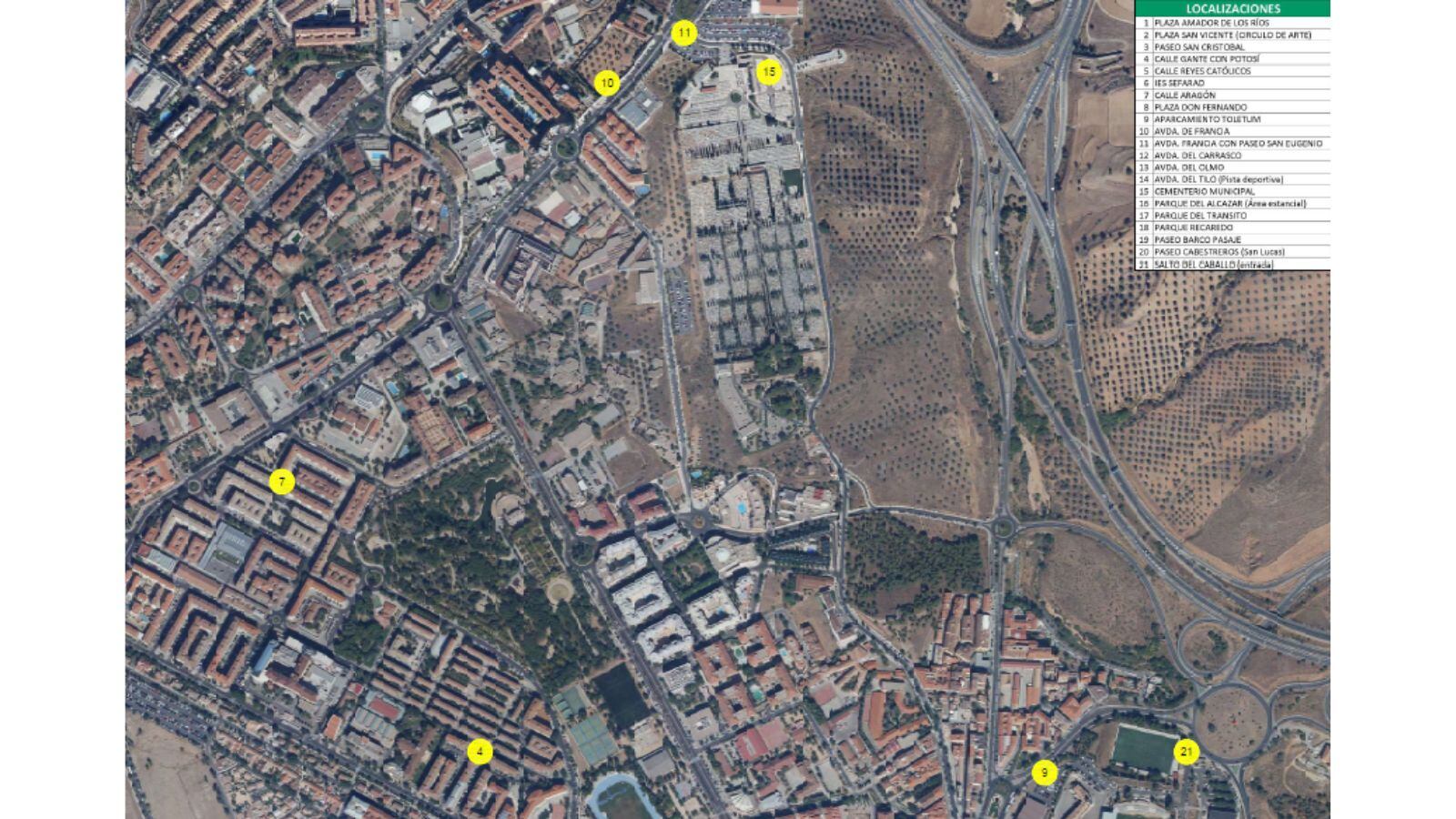 Localización de los árboles que se plantarán en los barrios de Buenavista, San Antón y Palomarejos de Toledo durante el tercer plan de arbolado