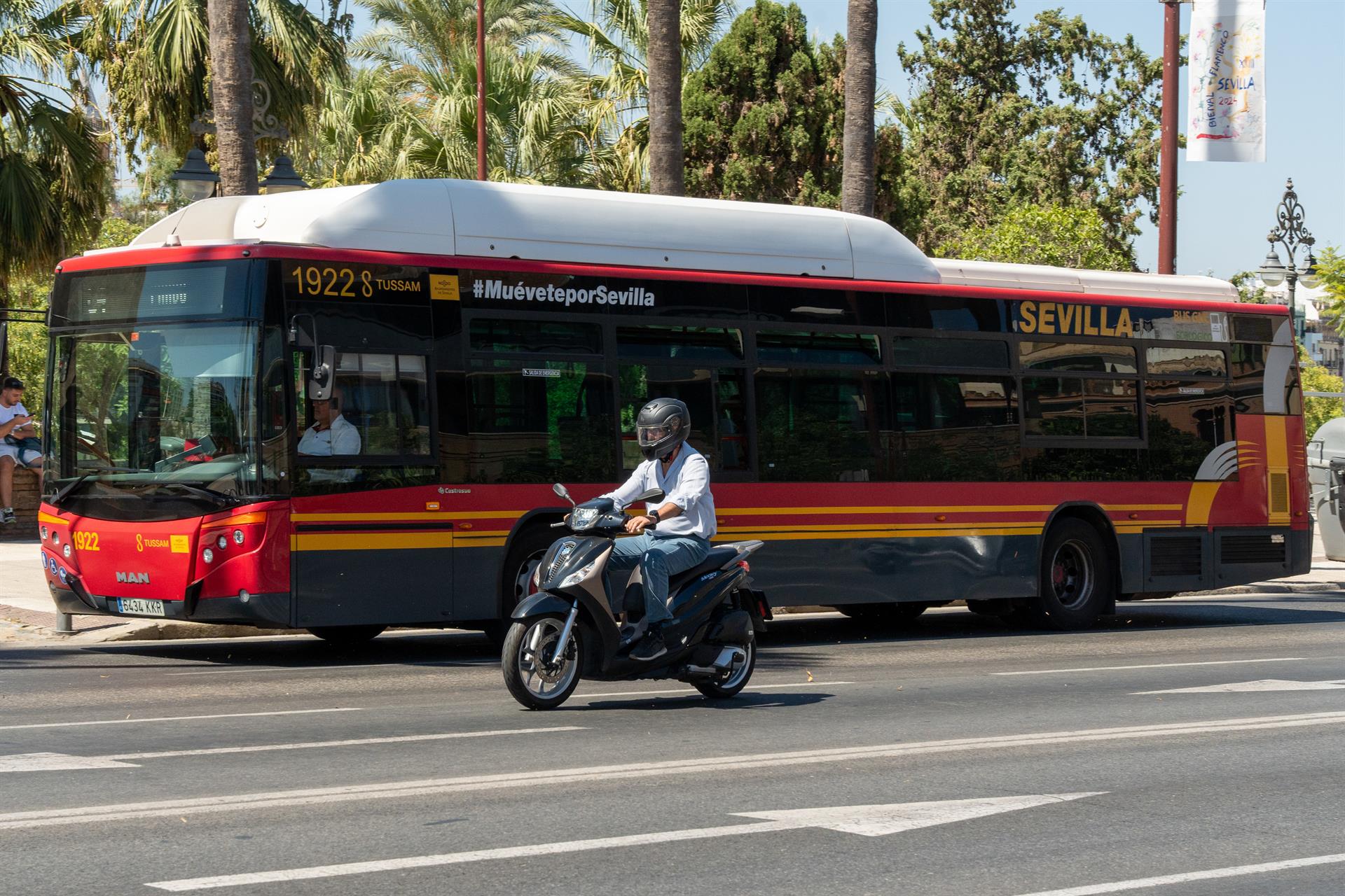 Archivo - Una motocicleta circula junto a un autobús de Tussam en el Paseo de Colón. FRANCISCO J. OLMO / EUROPA PRESS - Archivo