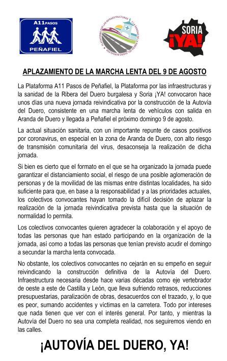 Este es el comunicado de las plataformas convocantes anunciando el aplazamiento de la cita reivindicativa.