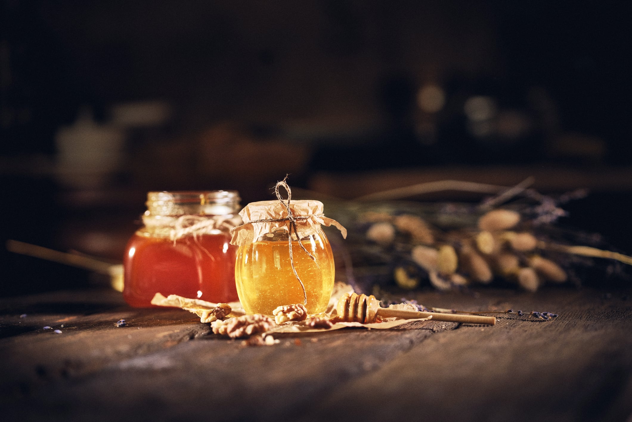 Organic honey products on wooden table