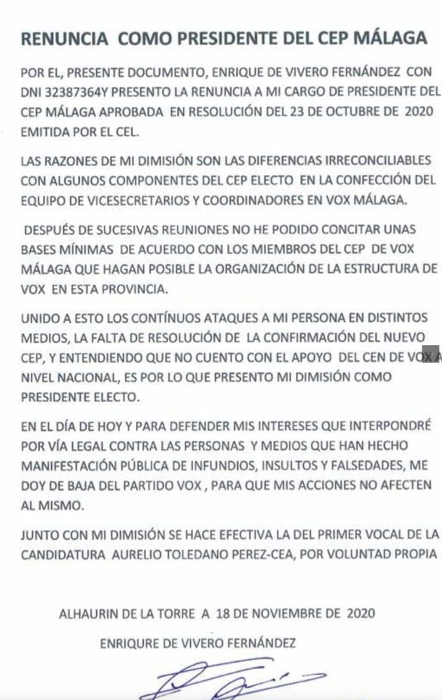 Carta de dimisión de Enrique de Vivero