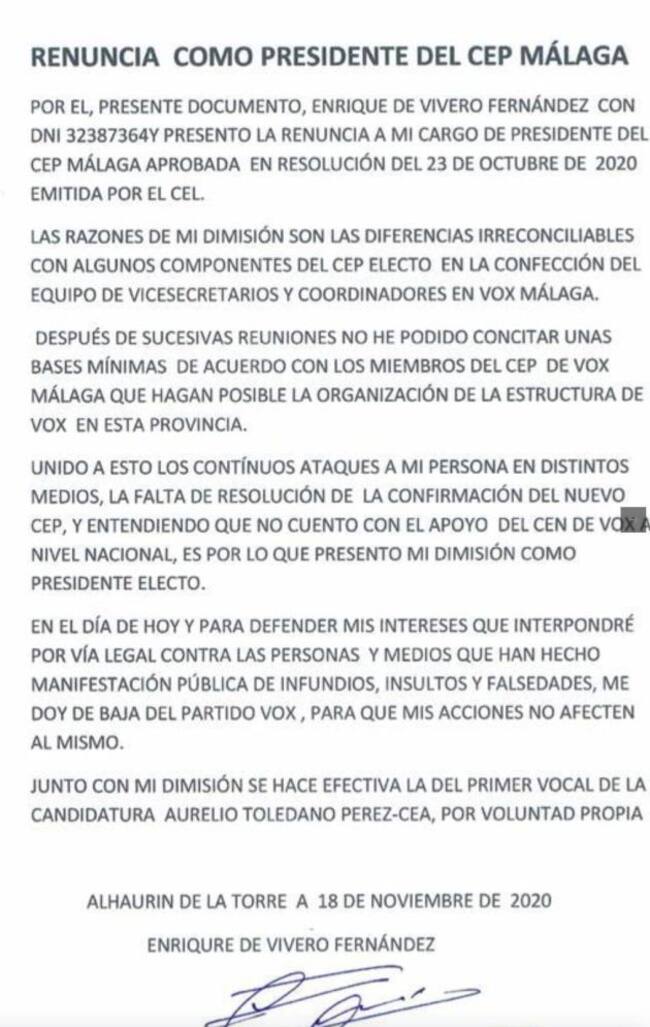 Carta de dimisión de Enrique de Vivero