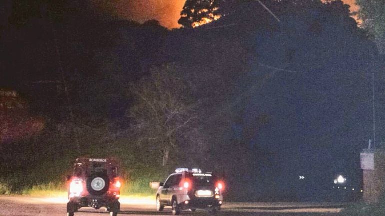 Los efectivos de extinción trabajan desde la noche del martes en este eucaliptal de Pechón.