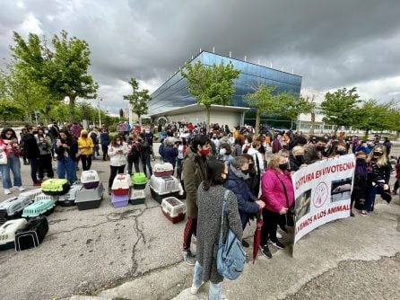 Activistas concentrados frente a la sede de Vivotecnia