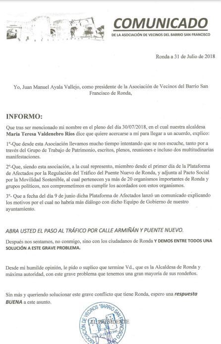 Comunicado de prensa enviado este miércoles a los medios de comunicación