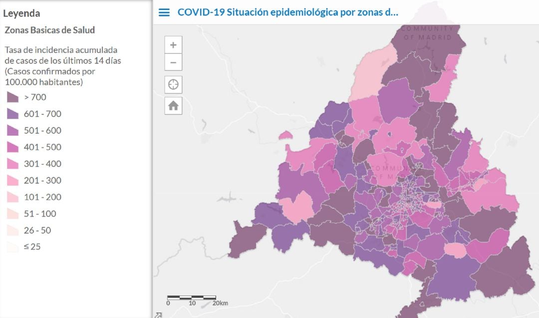 Mapa de situación epidemiológica en la Comunidad de Madrid