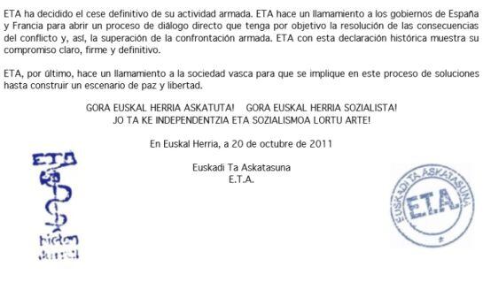 Fragmento del comunicado de ETA, en el que anuncia el fin de su &quot;actividad armada&quot;.