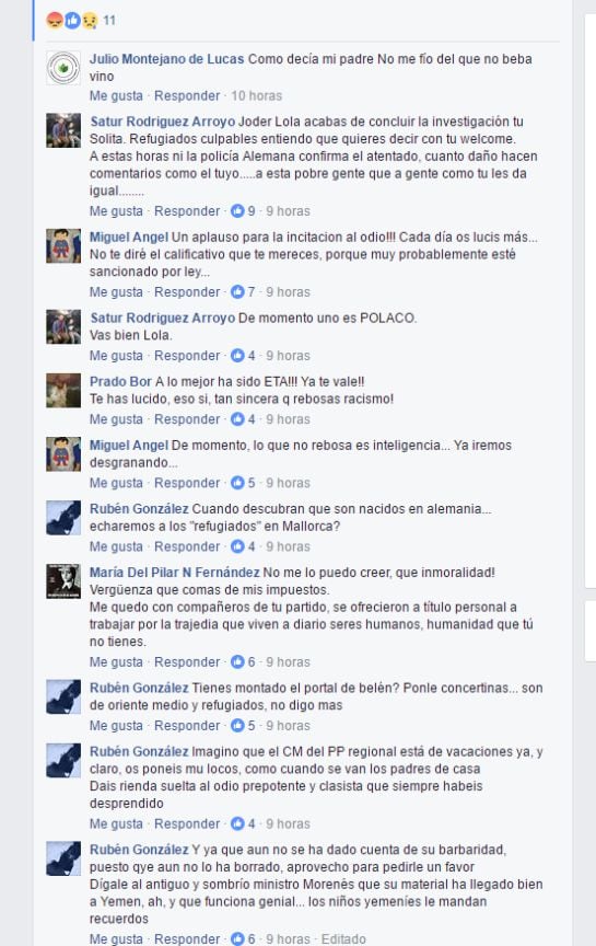 Algunos comentarios de usuarios de Facebook tras el comentario de Lola Merino en su cuenta personal