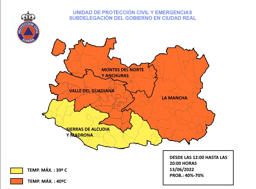 Mapa de la alerta naranja en la provincia de la Unidad de Protección Civil