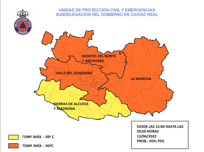 Mapa de la alerta naranja en la provincia de la Unidad de Protección Civil