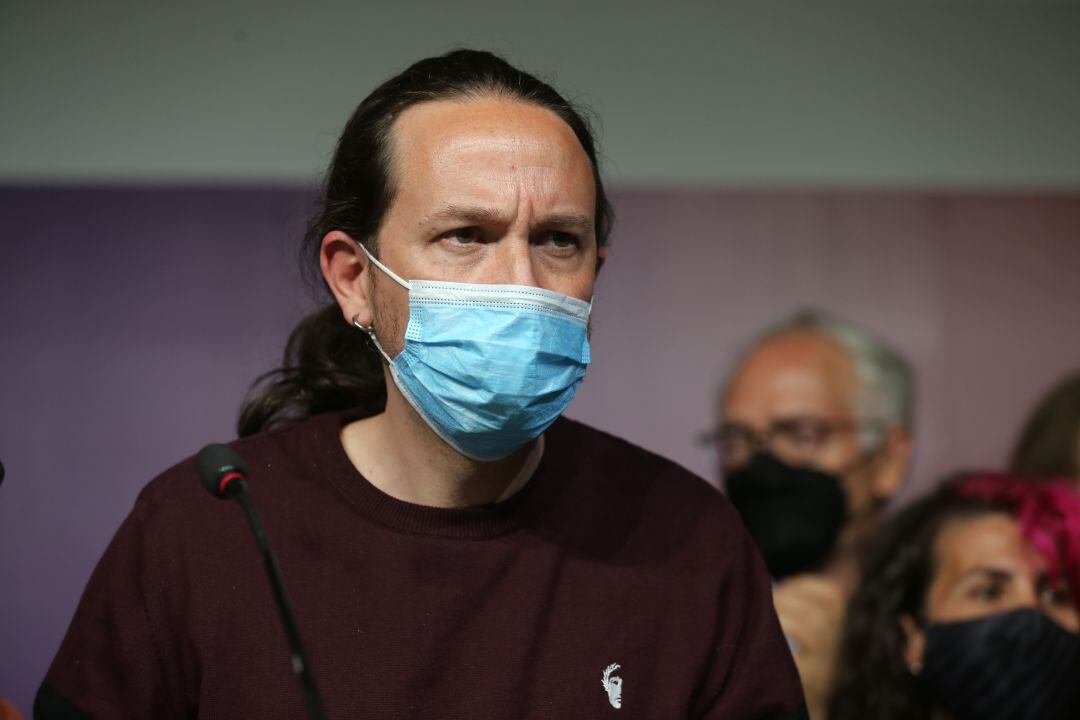 Pablo Iglesias durante su rueda de prensa tras los resultados del 4-M donde anunció su dimisión