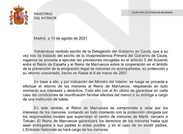 Documento de Interior que ordena la devolución a Marruecos de los menores que cruzaron a Ceuta