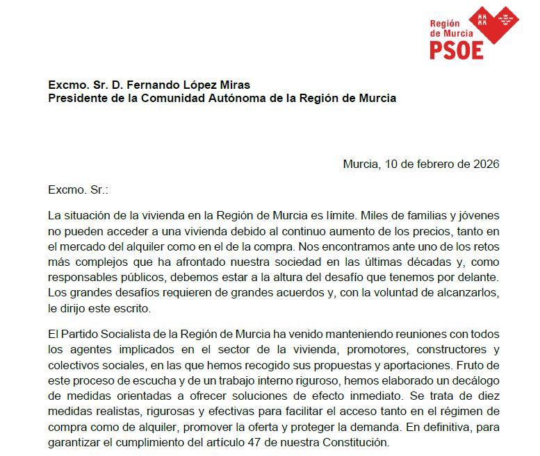 Fragmento de la carta de Lucas (PSOE) a López Miras sobre vivienda