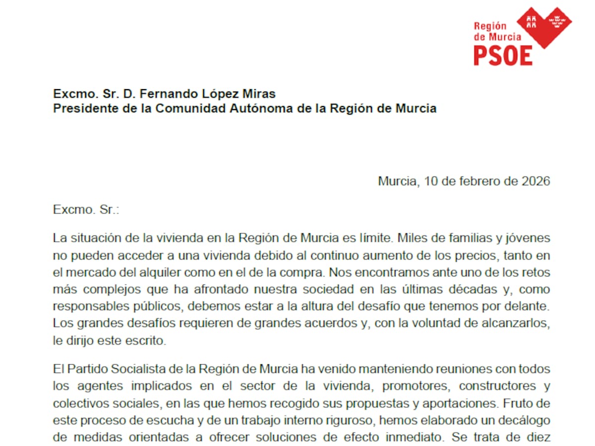 El PSOE remite una carta a López Miras en la que le exige una Ley de Vivienda Asequible ante una situación ‘límite’ en la Región