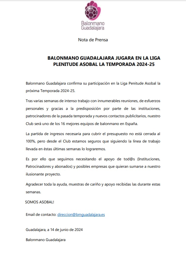 Comunicado Oficial sobre la participación del club en la Liga Asobal