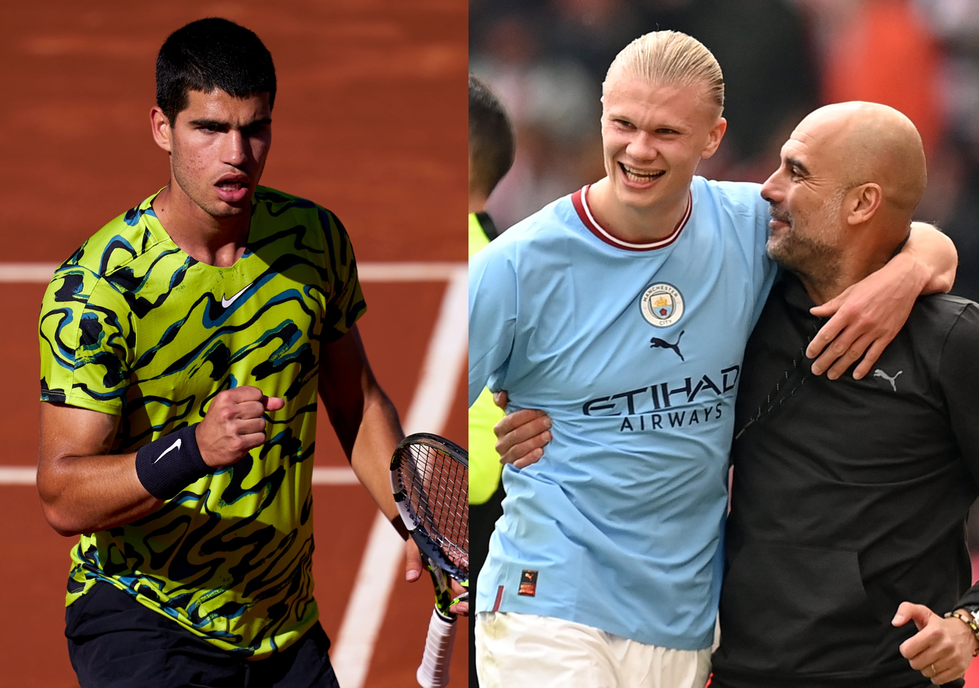 Carlos Alcaraz, a la izquierda; Guardiola y Haaland, a la derecha