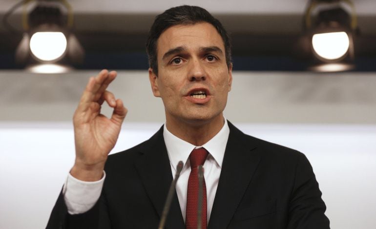 El líder socialista, Pedro Sánchez, durante su comparecencia de prensa este miércoles