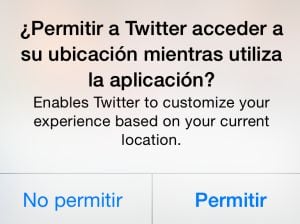 La aplicación Twitter pregunta al usuario si quiere compartir ubicación