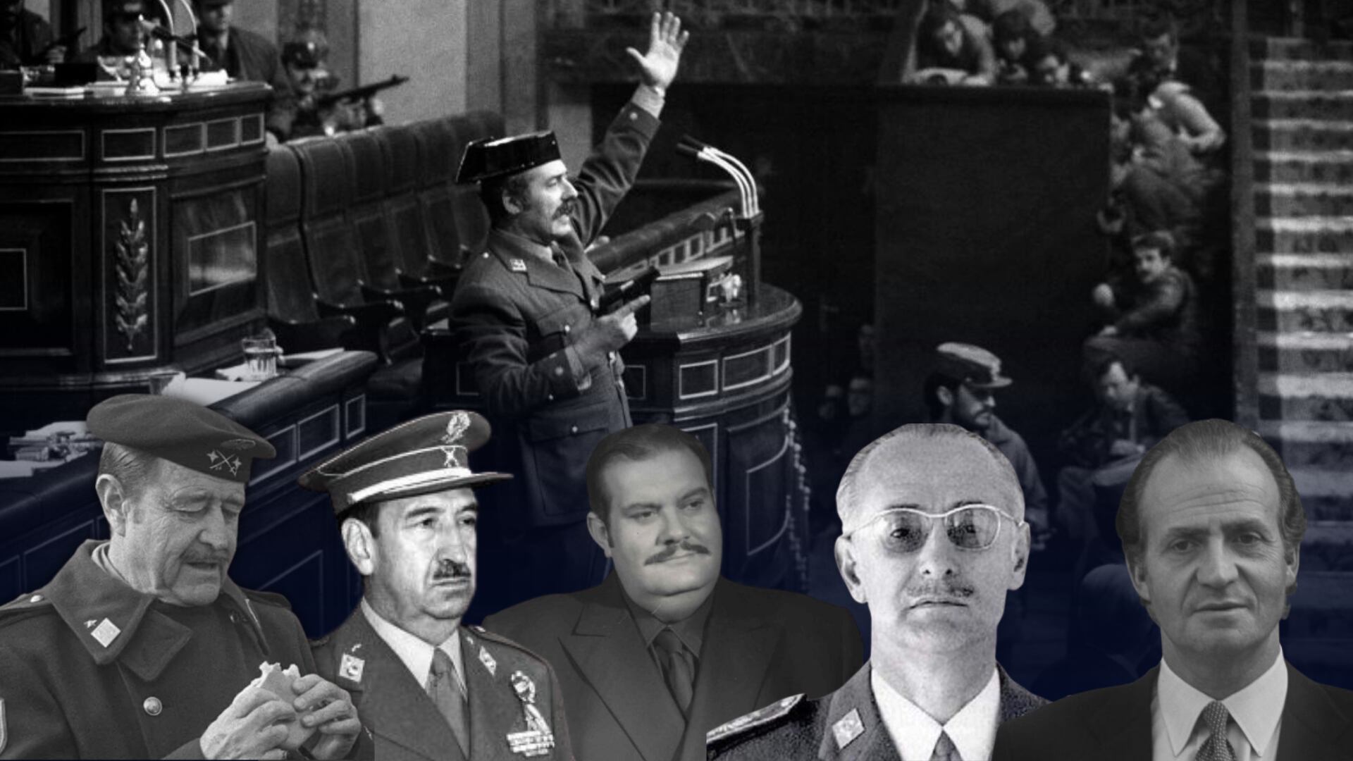 Montaje del golpe de Estado de Tejero el 23-F con algunos de los rostros que intervinieron de una forma u otra en la gestión previa y posterior / Cadena SER