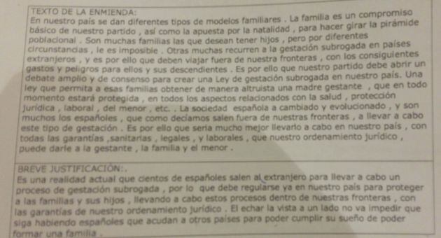 Enmienda favorable a la regulación de la maternidad subrogada