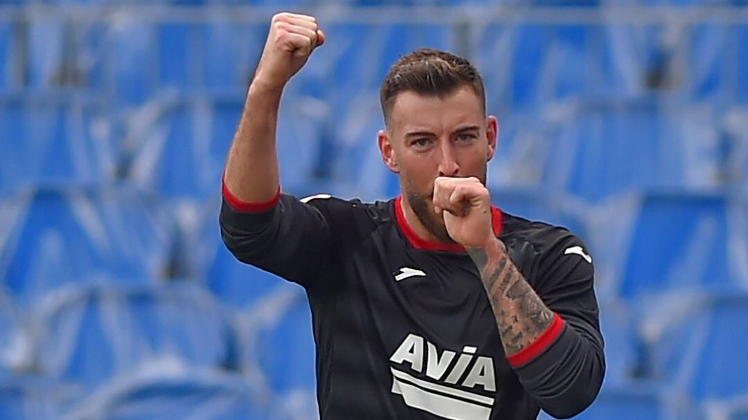 Sergi Enrich celebra el gol de Anoeta