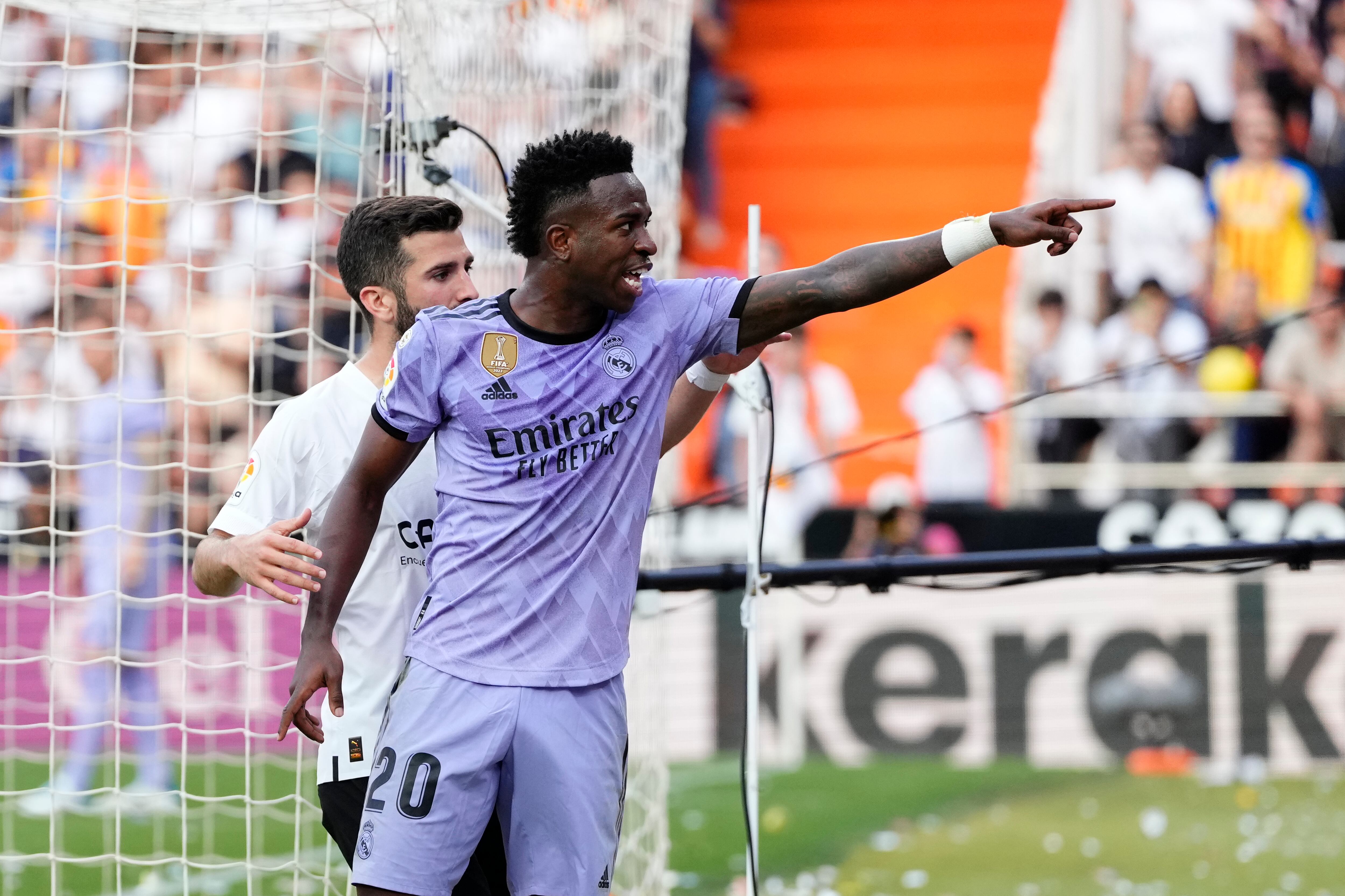 Vinicius Junior left winger of Real Madrid and Brazil accuses a fan of making racist insults during the LaLiga Santander match between Valencia CF and Real Madrid CF at Estadio Mestalla on May 21, 2023 in Valencia, Spain. (Photo by Jose Breton/Pics Action/NurPhoto via Getty Images)