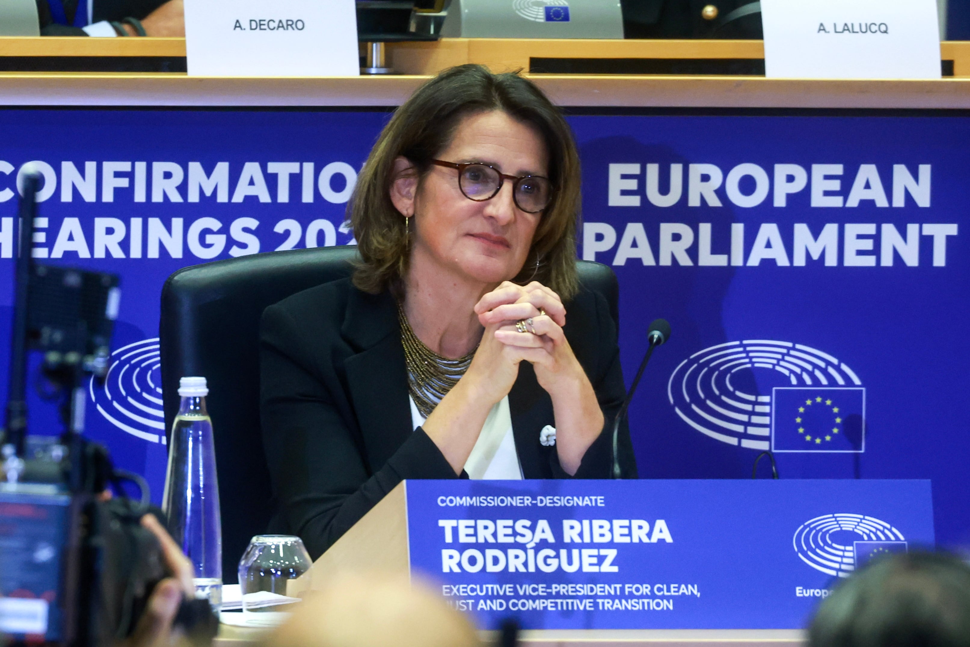 La candidata a vicepresidenta de la Comisión Europea, Teresa Ribera, durante su audiencia en el Parlamento Europeo.